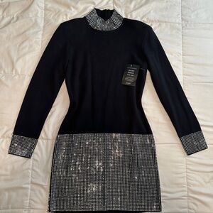 Retrofete Black Long Sleeve Mini Dress with Rhinestone Collar & Hem
